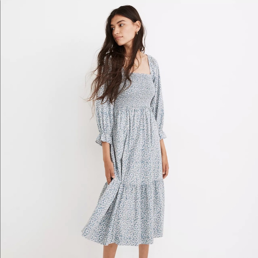Lucie Elbow Sleeve Smocked Midi Dress in Sunflower Field